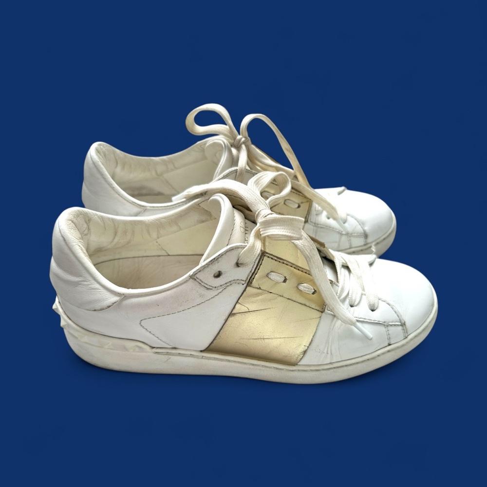 Valentino Garavani White & Gold Rockstud Sneakers Made in Italy - Picture 3 of 16